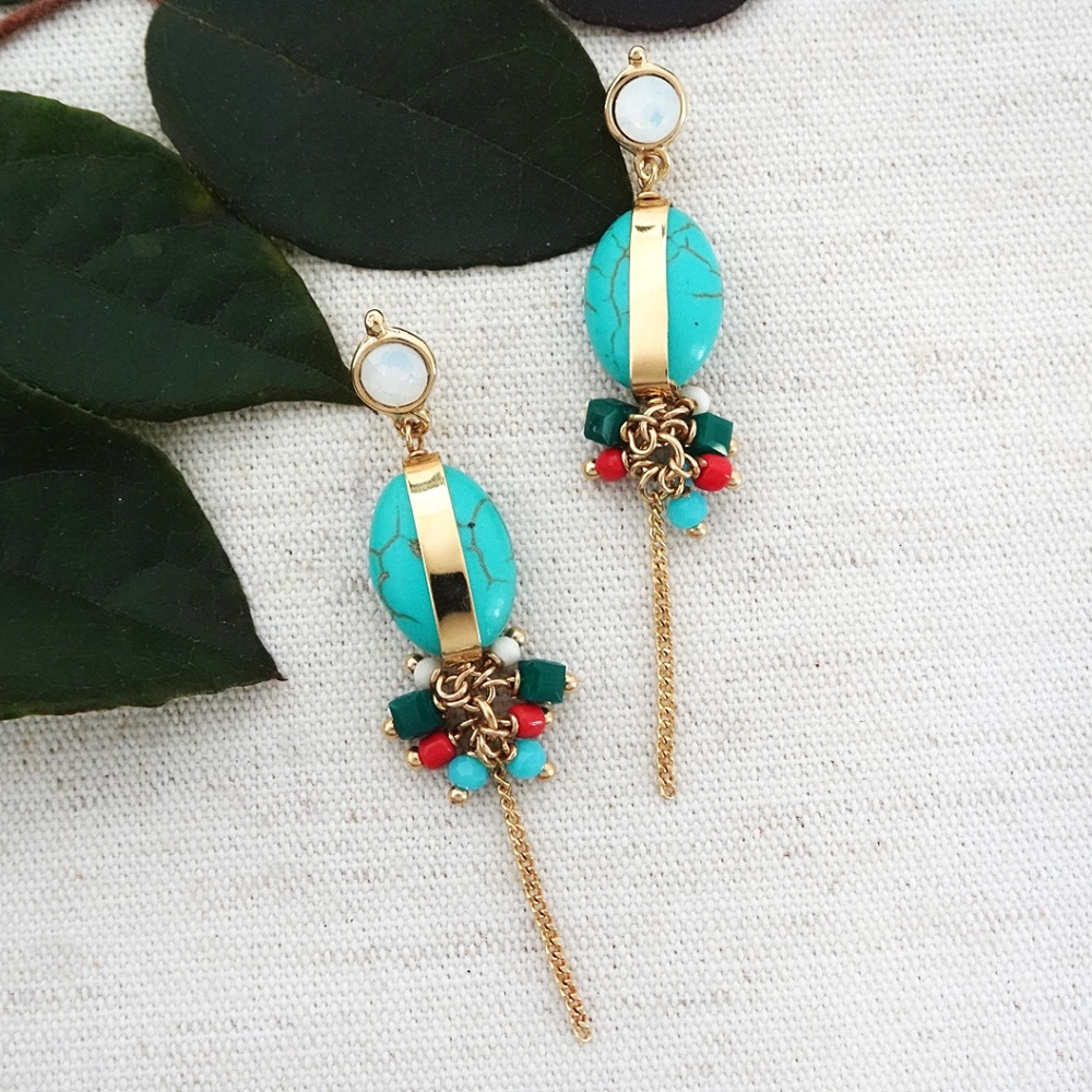 long dangle earrings, turquoise stone, semi-precious beads, gold NWT